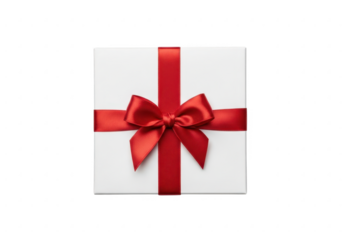 White gift box with red ribbon bow isolated on transparent background