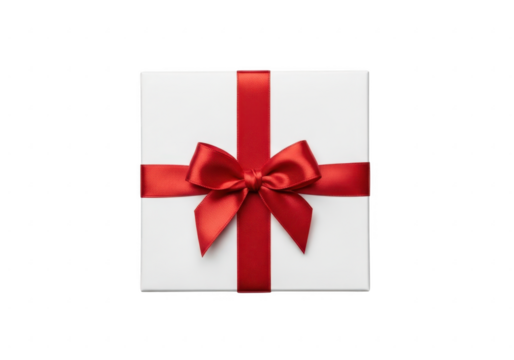 White gift box with red ribbon bow isolated on transparent background