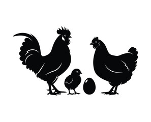 Fototapeta premium Chicken Family Silhouettes - Rooster, Hen, Chick & Egg Farm Animals