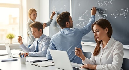 A collaborative group of four people, two men and two women, works intensely on complex math and physics formulas, writing on a blackboard while others use laptops during an advanced lesson or meeting