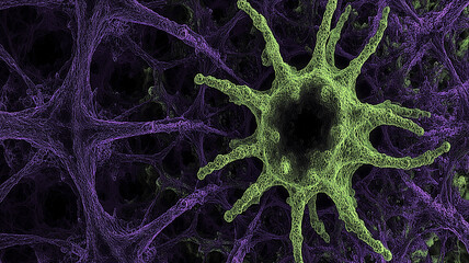 A star shaped cellular network illustrating interconnected micro structures that represent biological communication, structural organization and the adaptive behavior of living systems.
