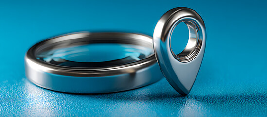 Locator mark of map and location pin or navigation icon sign on blue background with search concept. 3D rendering.