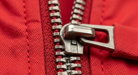 Close up of a silver metal zipper pull on a vibrant red textured fabric garment