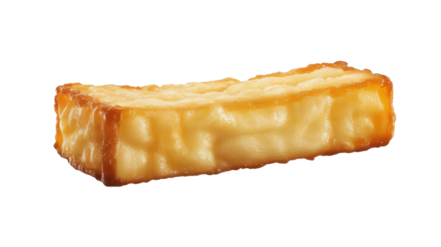 Golden brown rectangular piece of fried halloumi cheese isolated on transparent background