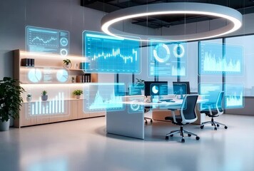Futuristic modern office with innovative technology and advanced financial digital graphs