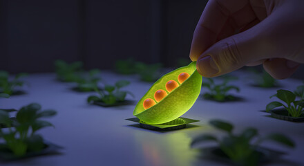 Hand holds glowing pea pod with vibrant orange seeds in a futuristic vertical farm, symbolizing biotech, sustainable agriculture & food innovation.