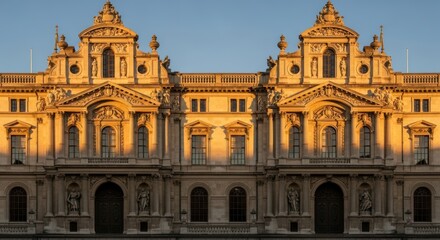 Fototapeta premium Symmetrical facade of an ornate classical building with statues, bathed in golden hour sunlight.