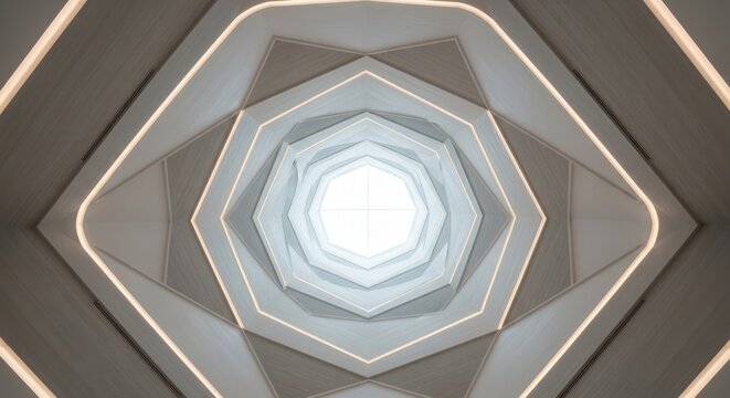 Symmetrical view of a modern octagonal skylight with layered, illuminated panels.