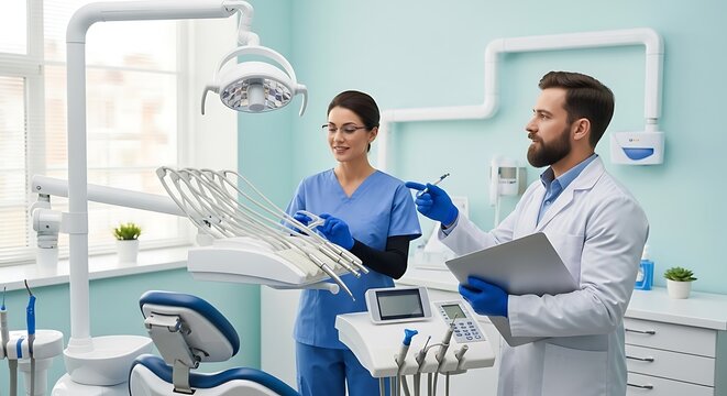 A male dentist and a female dental assistant are preparing equipment and reviewing patient charts in a clean, brightly lit, and modern dental examination room.