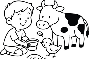 Fototapeta premium Boy feeding cow and chick with a bucket of food