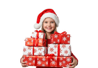 Young girl in santa hat holding christmas gifts isolated on transparent background