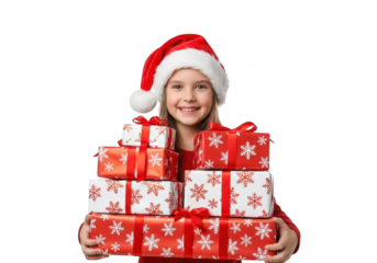 Young girl in santa hat holding christmas gifts isolated on transparent background