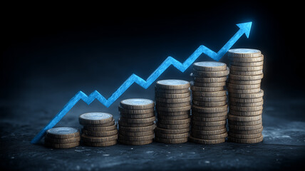 Stacked coins rising in height to visualize progressive financial growth and the upward momentum of long term economic advancement.
