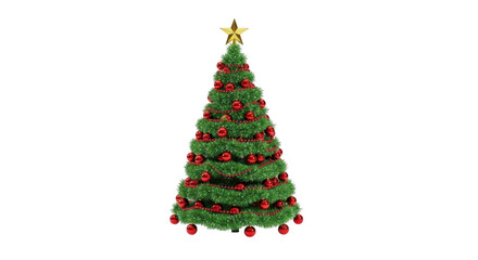 Decorated christmas tree with red ornaments and gold star isolated on transparent background