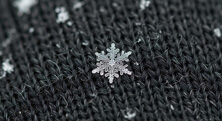 Intricate hexagonal snowflake rests delicately on a dark textured fabric surface in a close up macro photograph