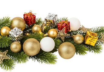 Festive christmas decorations with pine branches, ornaments, and gifts isolated on transparent background