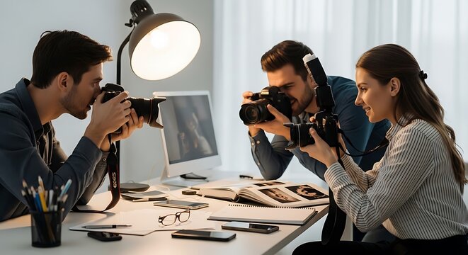 Three happy, focused photographers—two men and one woman—are testing and comparing professional cameras during a lively collaborative session around a brightly lit desk.