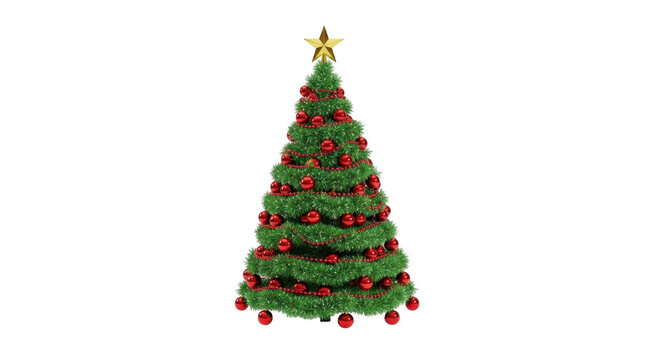 Decorated christmas tree with red ornaments and gold star isolated on transparent background
