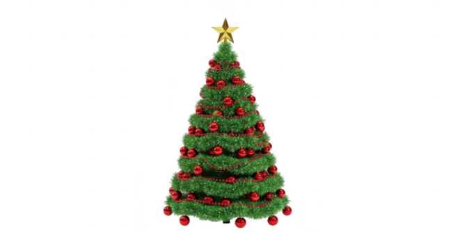 Decorated christmas tree with red ornaments and gold star isolated on transparent background