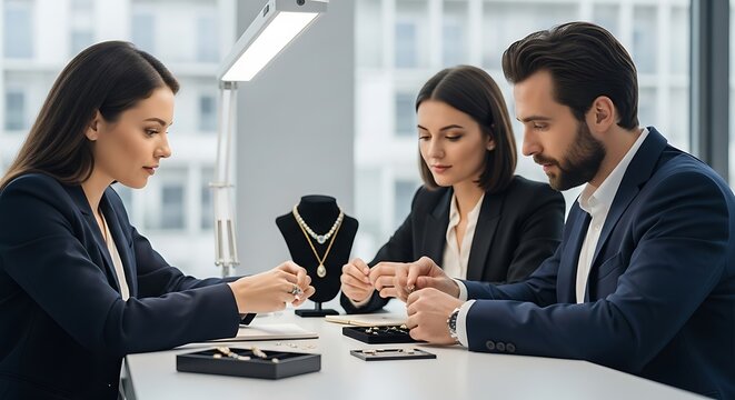 Three focused jewelry professionals, two women and one man, are meticulously examining and assessing fine rings and necklaces on a table in a bright, modern office or showroom.
