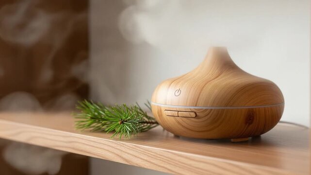 Wooden essential oil diffuser on shelf with greenery