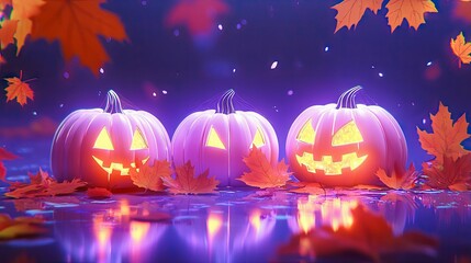 Three carved pumpkins with glowing faces sit on a reflective surface surrounded by orange autumn leaves, illuminated by a mystical purple light with bokeh effec