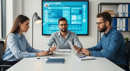 Three focused young professionals—two men and one woman—collaborate in a modern office, working on laptops while a screen displaying "Quality Testers" is visible behind them.