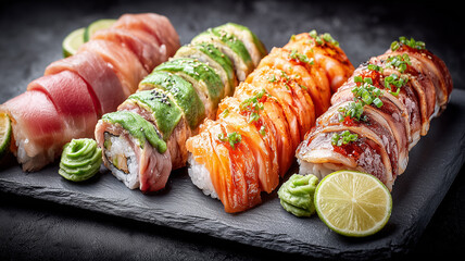 Assorted sushi rolls on black slate plate with lime and wasabi illustrating gourmet Japanese cuisine concept.

