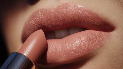 Closeup of lips applying creamy lipstick with shimmer representing sensuality, beauty and cosmetic glamour.
