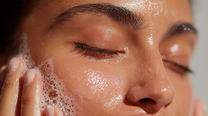 Closeup of woman cleansing her skin with foam highlighting skincare freshness, routine and facial care concept.
