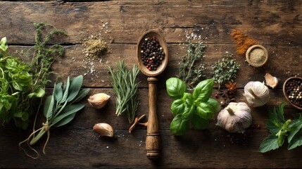 A wooden spoon with black pepper and herbs on a rustic wooden table, surrounded by garlic, fresh herbs, and spices.