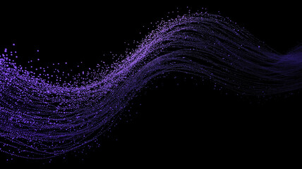 Abstract purple wave made of digital particles flowing on black background representing data transfer and futuristic innovation.
