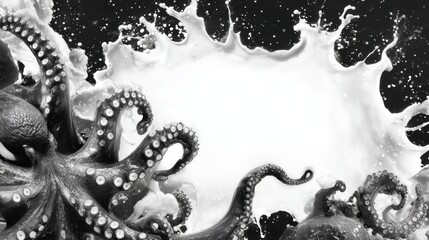 Obraz premium Dynamic Octopus Ink Splash Forms Striking Border With Clean White Space for Copy and Bold Black-White Theme