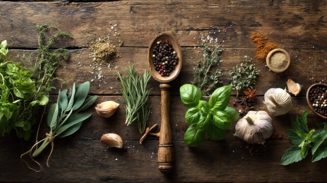 A wooden spoon with black pepper and herbs on a rustic wooden table, surrounded by garlic, fresh herbs, and spices.