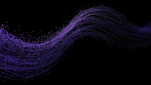 Abstract purple wave made of digital particles flowing on black background representing data transfer and futuristic innovation.
