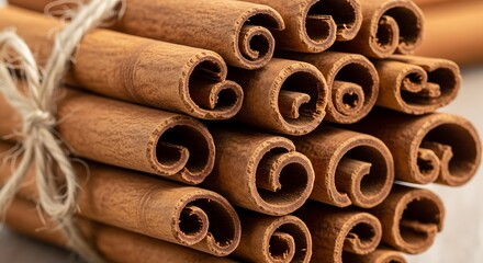 Close up macro view of a tightly bound bundle of dried cinnamon sticks tied with twine for culinary use