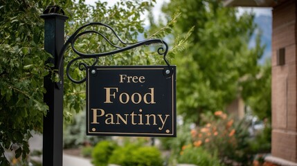 A black and gold sign reading 'Free Food Pantiny' hanging from a metal pole in a lush, green outdoor setting with trees and bushes in the background.