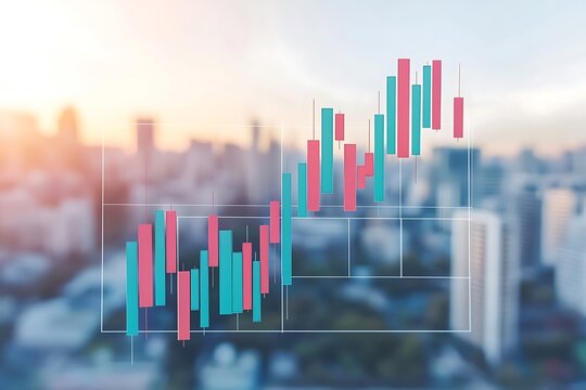 Stock market chart overlayed on a blurred city skyline at sunset, representing financial growth and urban development.