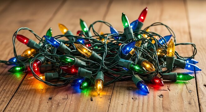 A tangled cluster of colorful incandescent christmas lights on a rustic wooden surface