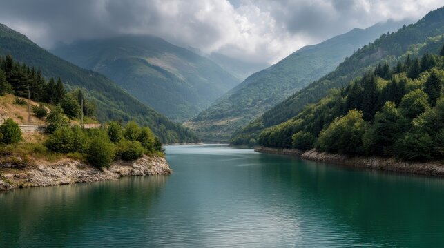 A serene mountain lake with lush green forests and a cloudy sky in the background.