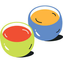 Two Bowls Of Liquid One Red The Other Yellow With Blue And Green Bowls With Dark Shadows On A Transparent Background Simple Illustration