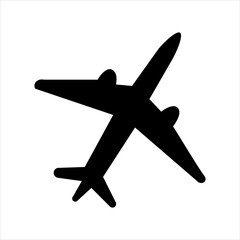 Simple black airplane silhouette on white background for travel and transportation