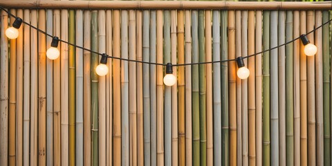 Obraz premium Natural Bamboo Wall Background with Warm String Lights
