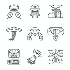 Nine black outline icons representing technology, robots, and networks Keywords: icon, set