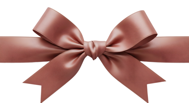 A beautiful dusty rose satin ribbon bow, elegantly tied for gift wrapping or decoration, isolated on a pure white background