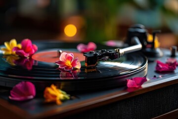 Obraz premium Vinyl record with flower grooves playing on turntable metaphor
