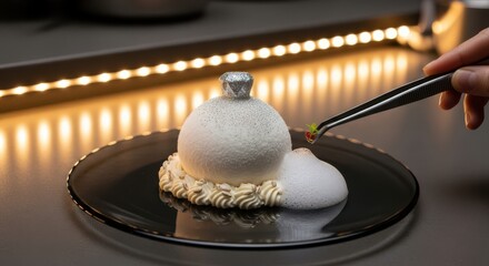Japaneese cheesecake chefs hand carefully garnishing a sophisticated white sphere dessert with a silver top, resembling an ornament, on a dark reflective plate under warm ambient lighting