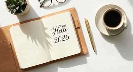 Hello 2026 handwritten in planner notebook on white desk with coffee