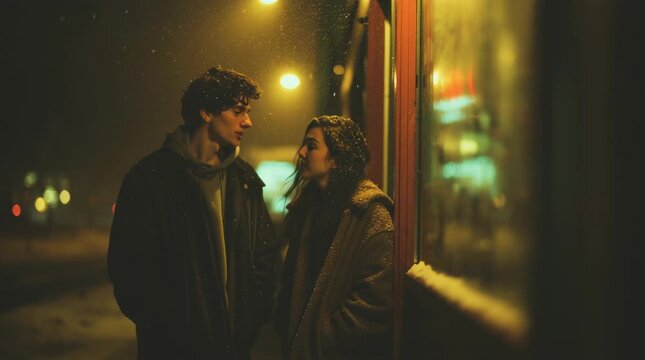realistic cinematic photo style, young man and woman standing near a softly lit doorway on a cold early winter evening, faint breath visible in the air, warm light spilling from inside, snow just begi