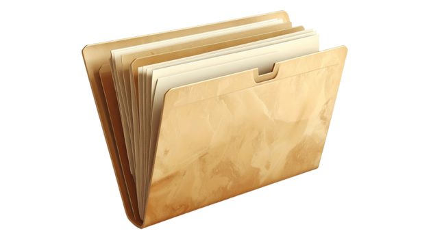 Open tan file folder with layered documents inside
